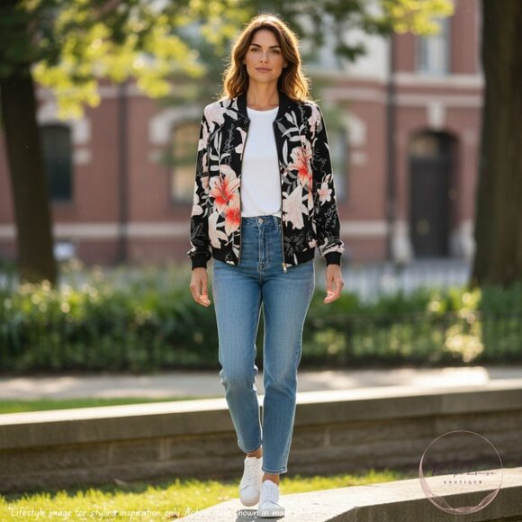 Reversible Floral Bomber Jacket β Black/Floral β Zip Front - Picture 2 of 8